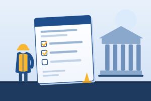 行政庁舎と報告書類のチェックリストを前にした作業員のイラスト