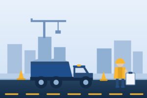 道路を走るダンプカーと書類を持つ作業員のイラスト