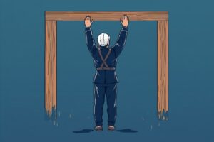 ヘルメット姿の職人が木造住宅の梁を支えるイラスト