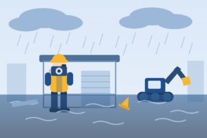 浸水した資材置場と重機の被害を記録する作業員のイラスト