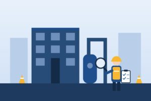 建物とボイラー設備を虫眼鏡で調べる作業員のイラスト