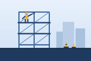 足場の上で安全帯を使って作業する建設作業員のイラスト