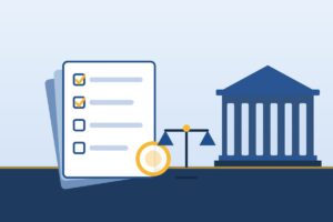書類のチェックと官公庁の建物と天秤を描いたイラスト