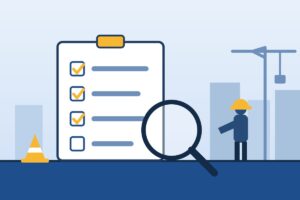 チェック欄付きの点検表と虫眼鏡、工事現場の作業員のイラスト